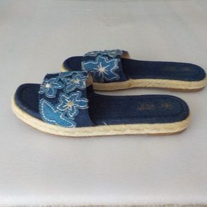 Blue Denim Floral Summer Slip-On Sandals
